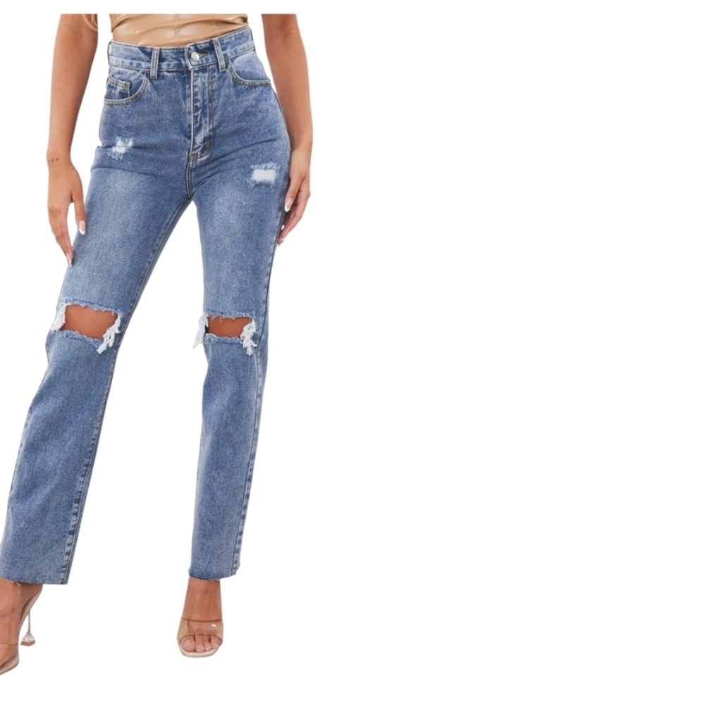 PrettyLittleThingTall HighWaist Distressed Straight Leg Blue Denim Jeans Size 4
